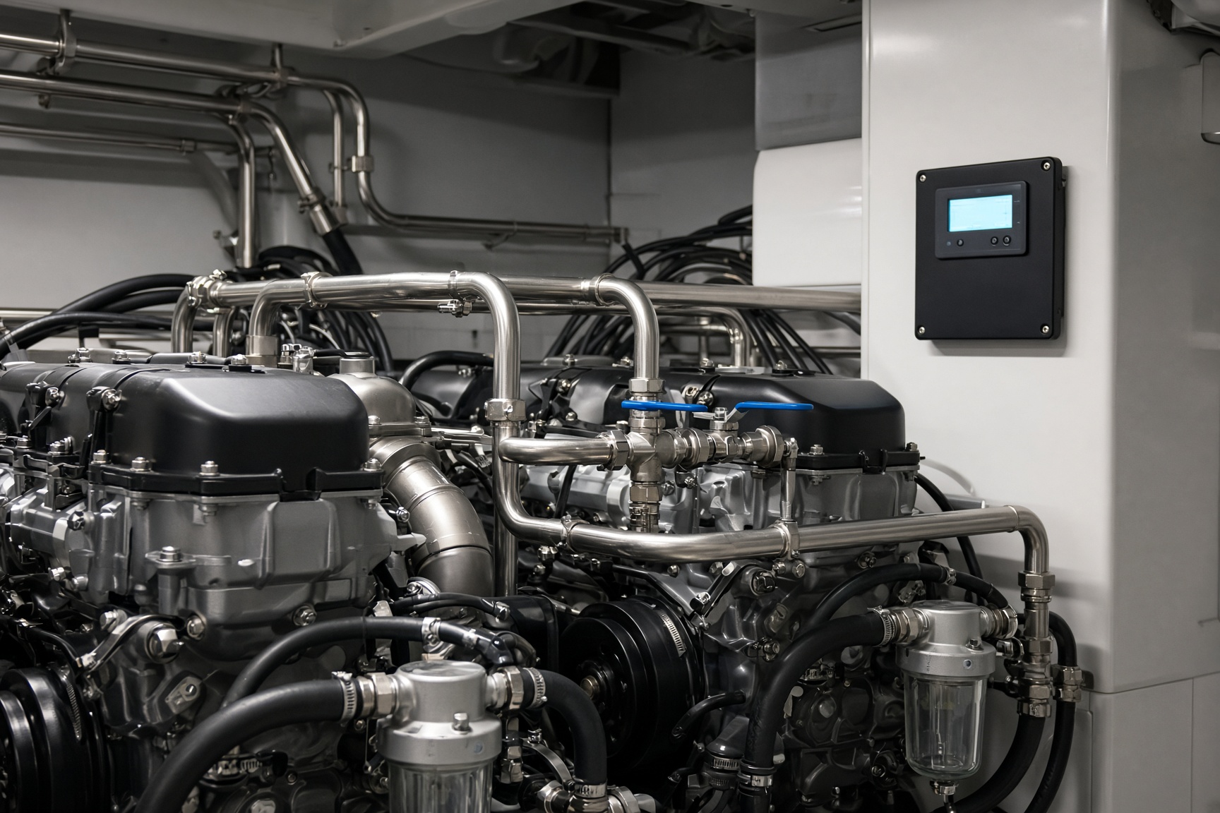 Yacht engine room with diesel engines and raw-water plumbing