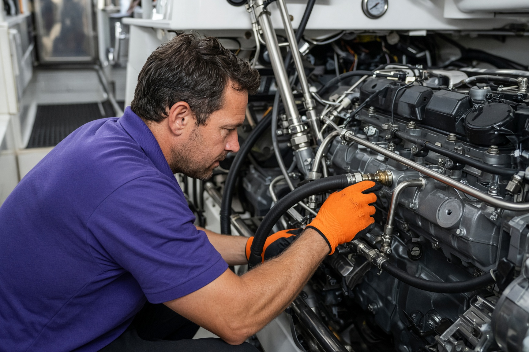 PYM technician working in a yacht engine room